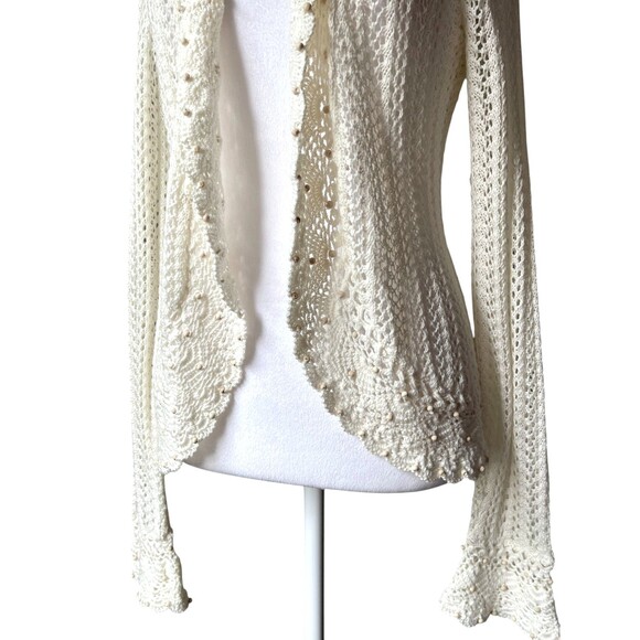 Crochet Open Front Cardigan Sz S Fairy Cottage Boho Wood Beads Scalloped NWT - Picture 4 of 14